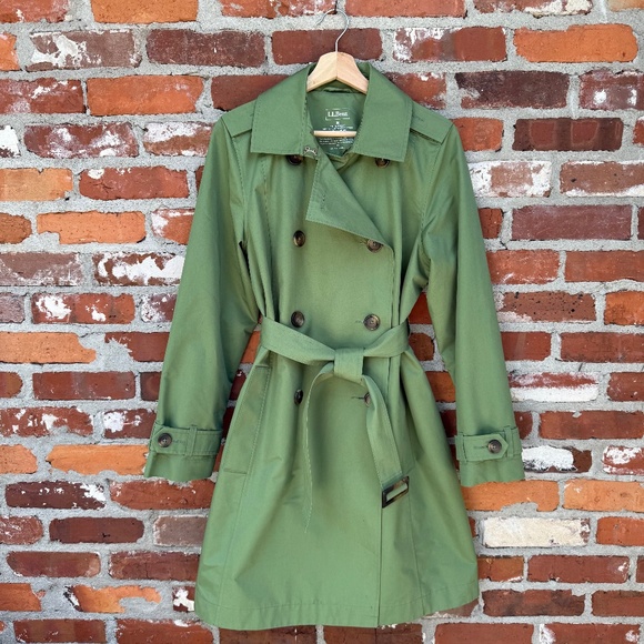 L.L.Bean Commuter Trench Rain Coat Green Belted Medium - Picture 1 of 7